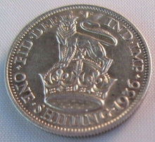 Load image into Gallery viewer, 1936 KING GEORGE V BARE HEAD .500 SILVER UNC ONE SHILLING COIN IN CLEAR FLIP
