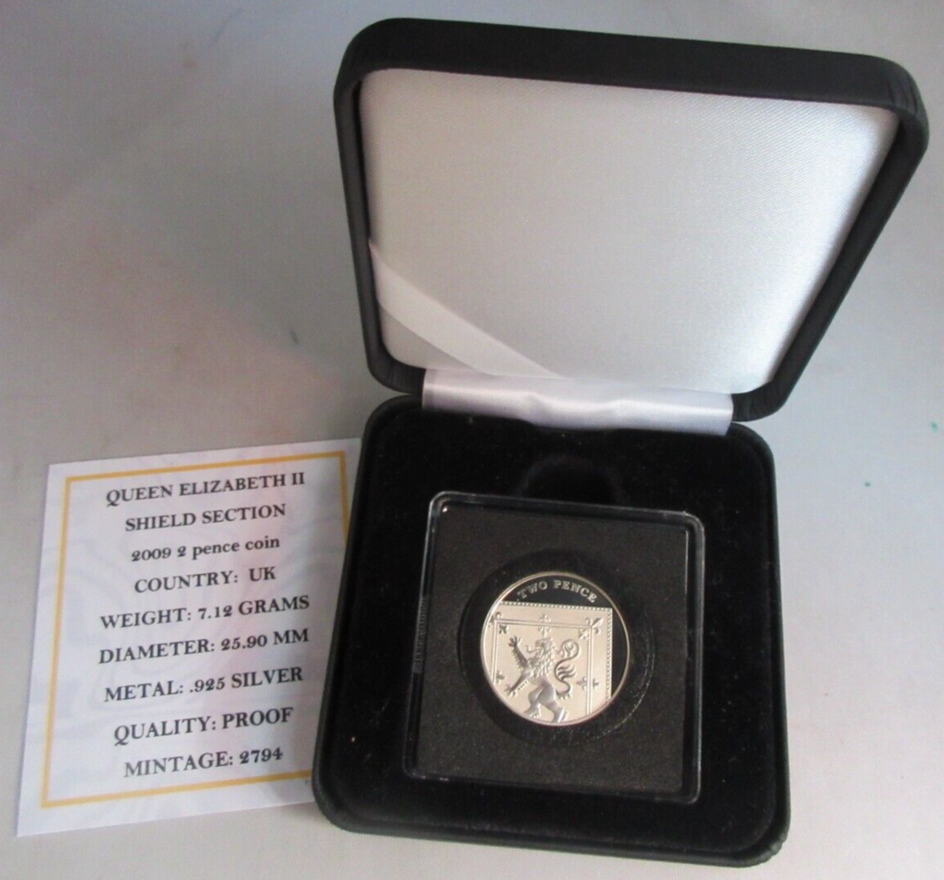 2009 QUEEN ELIZABETH II SHIELD SECTION SILVER PROOF TWO PENCE COIN BOX & COA