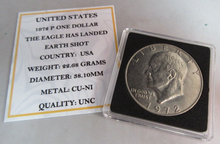 Load image into Gallery viewer, 1972 USA P THE EAGLE HAS LANDED EARTH SHOT ONE DOLLAR $1 COIN IN QUAD CAP &amp; COA
