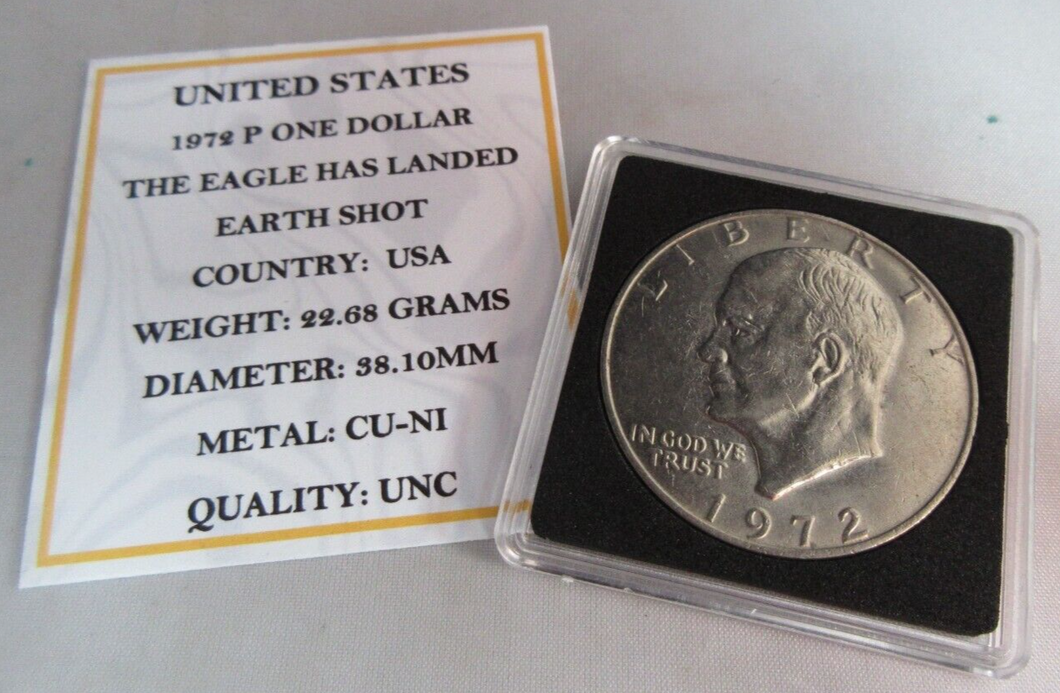 1972 USA P THE EAGLE HAS LANDED EARTH SHOT ONE DOLLAR $1 COIN IN QUAD CAP & COA