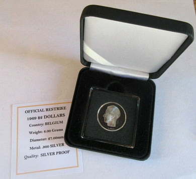 1969 OFFICIAL RESTRIKE SILVER PROOF BELGIUM $2 DOLLAR COIN WITH COA & BOX
