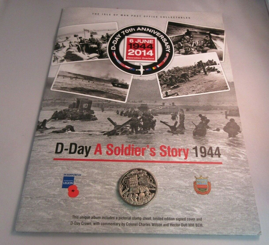 1944-2014 D-DAY A SOLDIERS STORY ISLE OF MAN 2014 CROWN COIN, PNC & STAMPS/BOOK