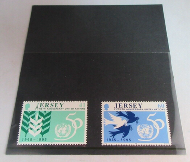 QEII JERSEY DECIMAL STAMPS 50TH ANNIVERSARY UNITED NATIONS MNH IN STAMP HOLDER