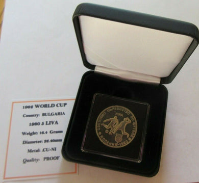 1982 WORLD CUP BULGARIA 1980 PROOF 5 LEVA COIN BOX & COA