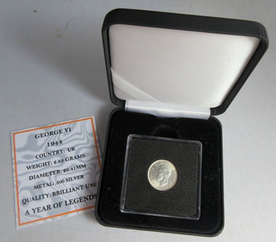 1944 KING GEORGE VI BARE HEAD .500 SILVER BUNC 6d SIXPENCE COIN CAPSULE & BOX