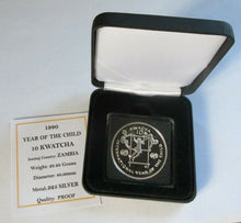 Load image into Gallery viewer, 1980 YEAR OF THE CHILD ZAMBIA 10 KWATCHA SILVER PROOF COIN COA &amp; BOX
