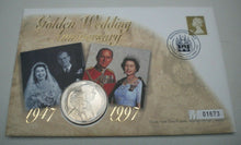 Load image into Gallery viewer, 1947-1997 GOLDEN WEDDING ANNIVERSARY, £5 CROWN COIN FIRST DAY COVER PNC &amp; INFO
