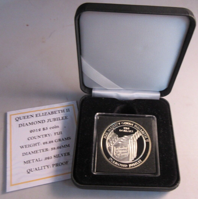 2012 QE II DIAMOND JUBILEE SILVER PROOF FIJI $10 DOLLAR COIN BOX & COA