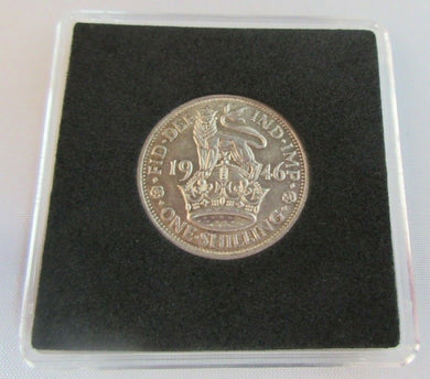1946 KING GEORGE VI BARE HEAD .500 SILVER ONE SHILLING COIN BUNC WITH CAPSULE
