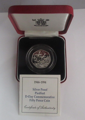 1994 D-Day Commemorative Royal Mint Silver Proof Piedfort UK 50p Coin Boxed COA