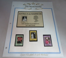 Load image into Gallery viewer, 1986 QUEEN ELIZABETH II 60TH BIRTHDAY ANTIGUA &amp; BARBUDA STAMPS &amp; ALBUM SHEET
