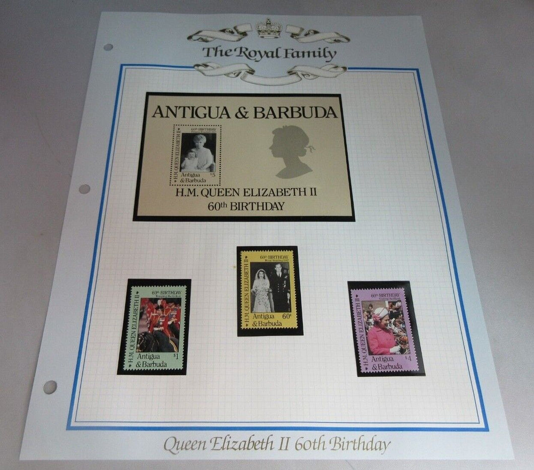 1986 QUEEN ELIZABETH II 60TH BIRTHDAY ANTIGUA & BARBUDA STAMPS & ALBUM SHEET