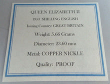 Load image into Gallery viewer, 1953 QUEEN ELIZABETH II PROOF ENGLISH ONE SHILLING COIN IN CAPSULE WITH COA
