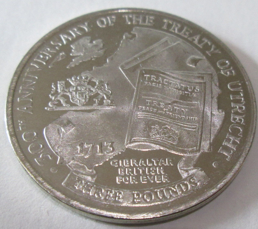 2013 Gibraltar £3 Three Pound COIN Queen Elizabeth Treaty of Utrecht
