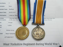 Load image into Gallery viewer, WWI 1914 - 1918 MEDAL PAIR TO PTE P.BENN WEST YORKSHIRE REG &amp; INFO SHEET WOUNDED
