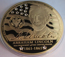 Load image into Gallery viewer, 2017 ABRAHAM LINCOLN &amp; JOHN F KENNEDY SWAROVSKI G/PLATED COPPER MEDAL SET BOXED
