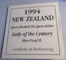 Load image into Gallery viewer, 1994 SILVER PROOF NEW ZEALAND 1 DOLLAR QUEEN MOTHER LADY OF THE CENTURY BOX&amp;COA
