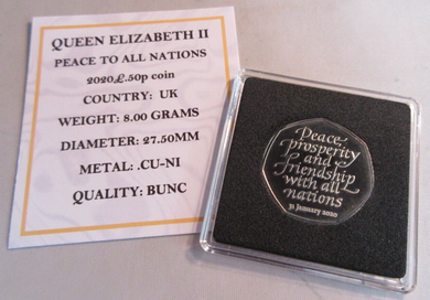 2020 PEACE TO ALL NATIONS QEII BUNC 50P FIFTY PENCE COIN WITH QUAD CAPSULE & COA