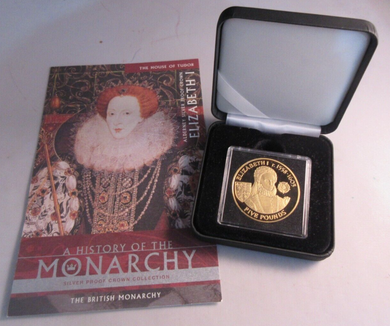 2007 QEII ELIZABETH I HISTORY OF THE MONARCHY ALDERNEY S/PROOF £5 COIN BOX & COA