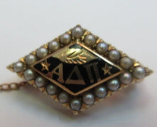 Load image into Gallery viewer, 1933 ALPHA DELTA PI SERORITY BROOCH WITH CHAPTER SAFTY CHAIN IN 14K GOLD
