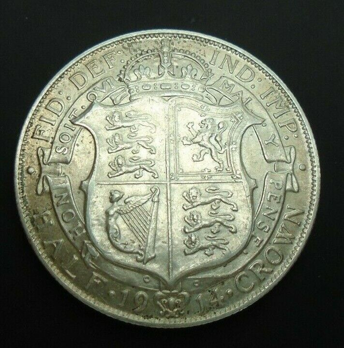 1914 GEORGE V BARE HEAD FIRST COINAGE 1/2 CROWN SPINK 4011 CROWNED SHIELD 1