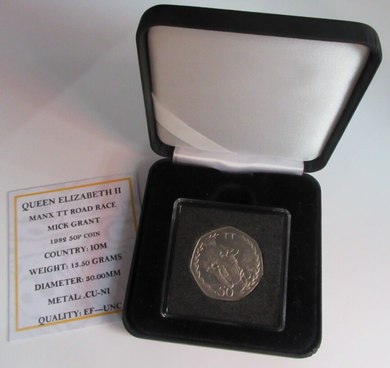 1982 QEII MANX TT ROAD RACE MICK GRANT MINT MARK AA FIFTY PENCE COIN BOX & COA