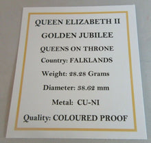 Load image into Gallery viewer, 2002 QEII GOLDEN JUBILEE QUEEN ON THRONE 50P CROWN COLOURED PROOF BOXED WITH COA
