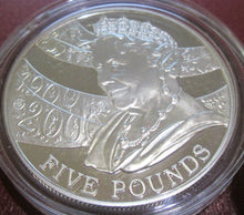 Load image into Gallery viewer, 2000 ALDENEY £5 FIVE Pounds Silver Proof Crown Coin Q.M 100TH BIRTHDAY BOX/COA
