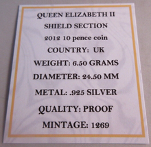 Load image into Gallery viewer, 2012 QUEEN ELIZABETH II SHIELD SECTION SILVER PROOF TEN PENCE COIN BOX &amp; COA
