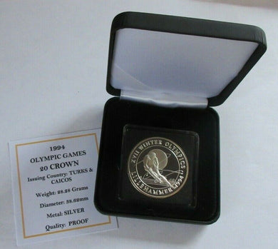 1994 WINTER OLYMPIC GAMES LILLEHAMMER SILVER PROOF 20 CROWN COIN BOX & COA