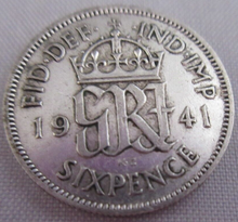 Load image into Gallery viewer, 1941 KING GEORGE VI BARE HEAD .500 SILVER VF 6d SIXPENCE COIN IN CLEAR FLIP
