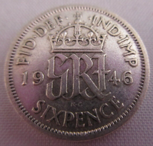 Load image into Gallery viewer, 1946 KING GEORGE VI BARE HEAD .500 SILVER VF 6d SIXPENCE COIN IN CLEAR FLIP
