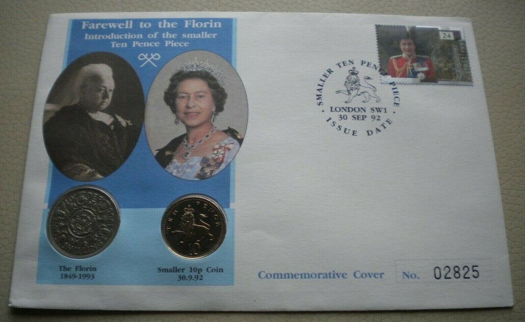 1992 FAREWELL TO THE FLORIN INTRODUCTION OF THE SMALLER TEN PENCE COIN COVER PNC