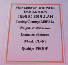 Load image into Gallery viewer, 1996 DANIEL BOON PIONEERS OF THE WEST PROOF LIBERIA $1 ONE DOLLAR COIN BOX &amp; COA
