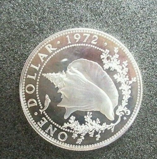 1972 BAHAMAS QUEEN ELIZABETH II 1 DOLLAR .800 SILVER PROOF 34MM COIN CONCH SHELL
