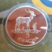 Load image into Gallery viewer, 1979 ROYAL MINT ZAMBIA CONSERVATION ANTILOPE SILVER 5 KWATCHA COIN IN BOX/COA
