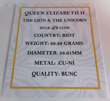 Load image into Gallery viewer, 2018 QEII THE LION &amp; THE UNICORN BIOT TWO POUND £2 COIN CAPSULE &amp; COA
