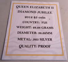 Load image into Gallery viewer, 2012 QE II DIAMOND JUBILEE SILVER PROOF FIJI $10 DOLLAR COIN BOX &amp; COA
