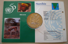 Load image into Gallery viewer, 1945-1995 NATIONS UNITED FOR PEACE NAMIBIA $10 COMMEMORATIVE COIN &amp;INFO CARD
