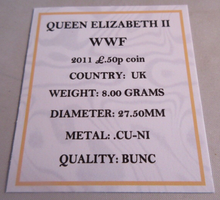 Load image into Gallery viewer, 2011 WWF QEII BUNC 50P FIFTY PENCE COIN WITH QUAD CAPSULE &amp; COA
