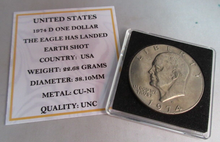 Load image into Gallery viewer, 1974 USA D THE EAGLE HAS LANDED EARTH SHOT ONE DOLLAR $1 COIN UNC CAPSULE &amp; COA

