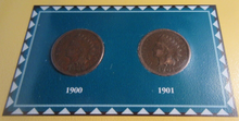 Load image into Gallery viewer, INDIAN HEAD PENNIES ISSUED 1900 &amp; 1901 WITH POSTAGE STAMPS ON ALBUM INFO SHEET
