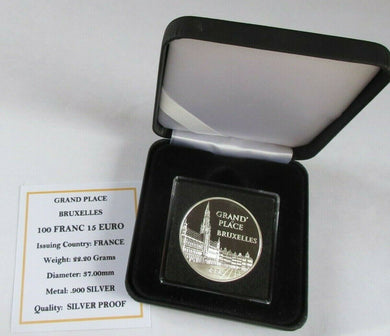 1996 GRAND PLACE BRUXELLES S/PROOF FRANCE 100 FRANC 15 EURO COIN WITH COA & BOX