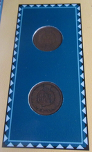 Load image into Gallery viewer, INDIAN HEAD PENNIES ISSUED 1886 &amp; 1887 WITH POSTAGE STAMPS ON ALBUM INFO SHEET
