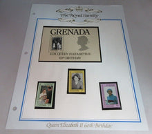 Load image into Gallery viewer, 1986 QUEEN ELIZABETH II 60TH BIRTHDAY GRENADA STAMPS &amp; ALBUM SHEET
