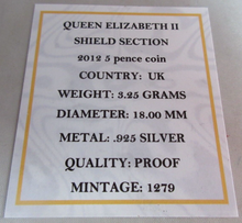 Load image into Gallery viewer, 2012 QEII SHIELD SECTION SILVER PROOF FIVE PENCE 5P COIN BOX &amp; COA
