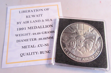 Load image into Gallery viewer, 1991 LIBERATION OF KUWAIT BY AIR LAND &amp; SEA BUNC MEDALLION  QUAD CAPSULE &amp; COA
