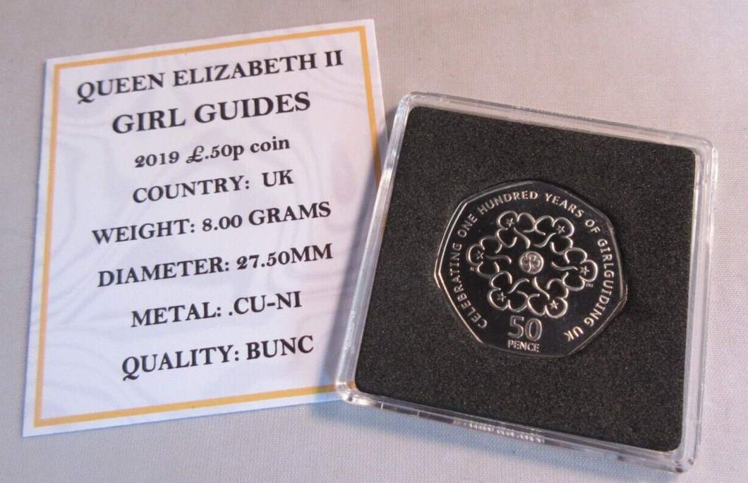 2019 GIRL GUIDES QEII BUNC 50P FIFTY PENCE COIN WITH QUAD CAPSULE & COA