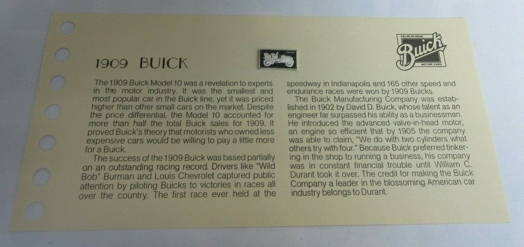 1909 BUICK 15mm X 10mm 1.60gram SILVER INGOT WITH INFORMATION SLIP