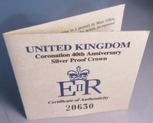 Load image into Gallery viewer, 1953-1993 UK QEII CORONATION 40TH ANNIVERSARY SILVER PROOF CROWN BOX &amp; COA
